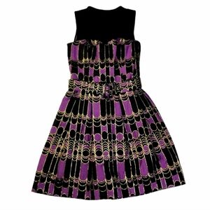 Trina Turk Art Deco Fit & Flare Dress Sz 6 Pockets Gold Foil USA Made